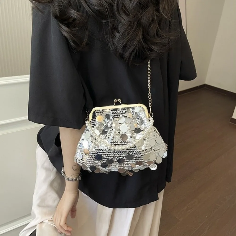 Retro Shiny Evening Banquet Bag Lock Buckle Glitter Chain Crossbody Bag Korean Style Single Shoulder Sequin Shoulder Bag Party