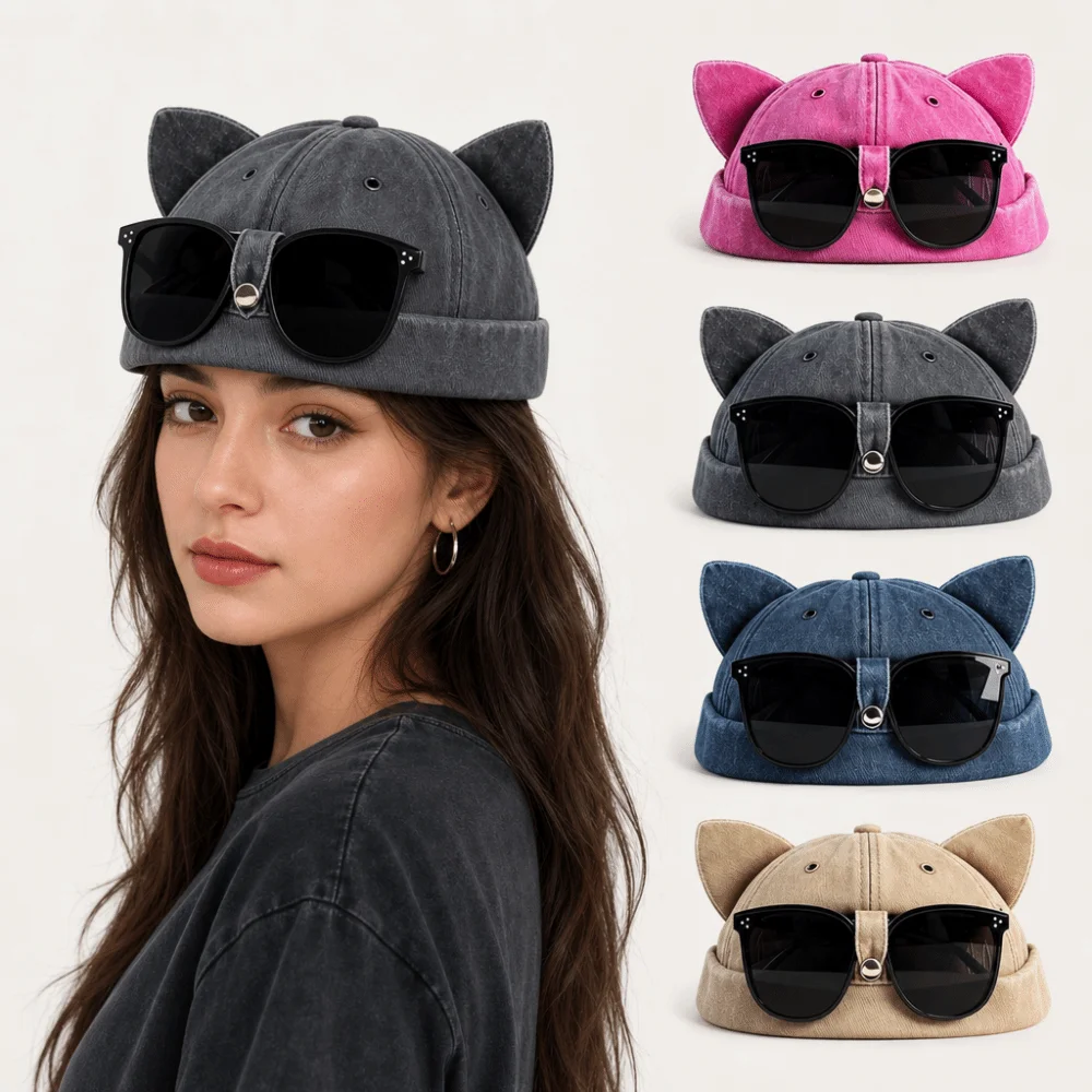 Simple Cat Ears Brimless Hat with Sunglasses Sweet Breathable Dome Melon Cap Cute Unisex Solid Color Docker Hat Camping