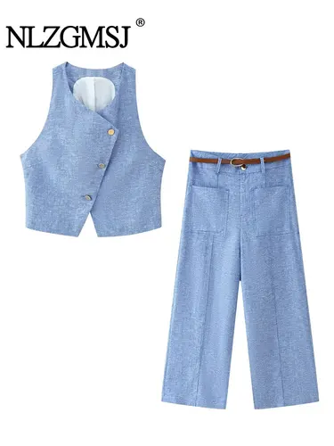 NLZGMSJ Traje elegante informal para mujer, liso, sin mangas, cuello redondo, chaleco con botones, cinturón, pantalones rectos, nueva moda, conjuntos de dos piezas