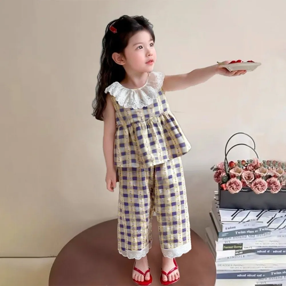 Fashion With Floral Print Tops and Pants 2 Piece Set Sleeveless Thin Outfit Casual Lace Collar Children Suit Gift