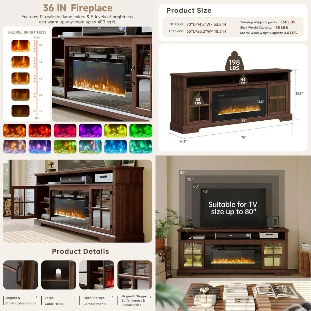 

70" ireplace TV Stand, armhouse Entertainment Center or TVs Up to 80” with ireplace&Remote/APP Control, TV ole with Storage Cabi