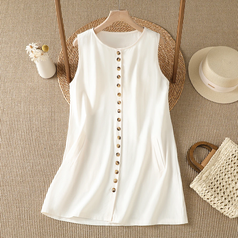 Elegant Loose Lazy Style Long Sleeveless Vest Top Women Pure Color Mid-Length Pure Color Butt Cover High Quality Cotton Nylon