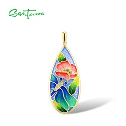 SANTUZZA Authentic 925 Sterling Silver Pendant For Women Yellow Nano CZ Red Flower Charming Party Fine Jewelry Handmade Enamel