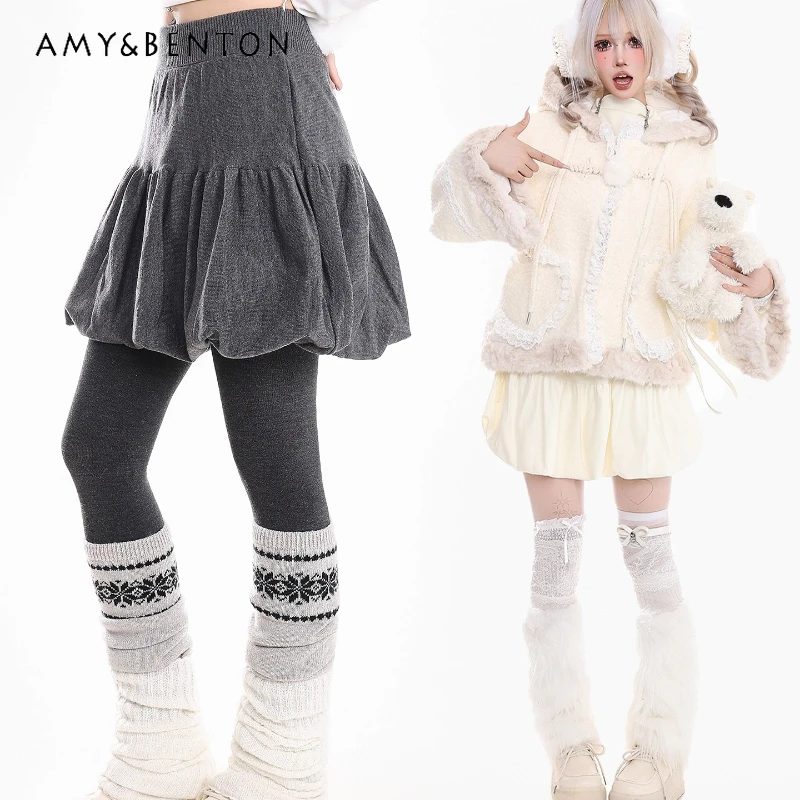 

Japanese Retro Design Flower Bud Puffy Women's Knitted Skirt Autumn Winter New Casual Fashionable Versatile Mini Skirts Ladies