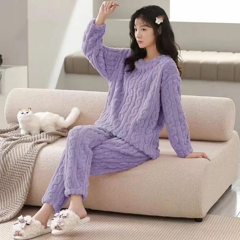 

Женский пижамный комплект из кораллового флиса, комплект из двух предметов, однотонная зимняя теплая одежда для сна на флисовой подкладке, уютная удобная осенняя домашняя одежда