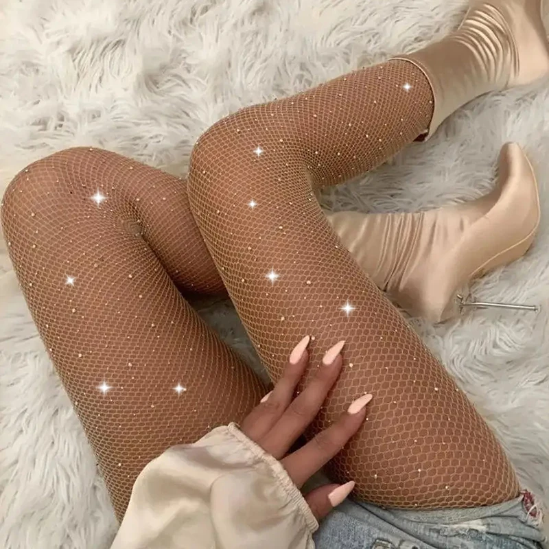 1 Pair Rhinestone Fishnet Stockings For Women Black Sexy Ultra Sparkly High Waist Tights Female Party Leggings DS1155