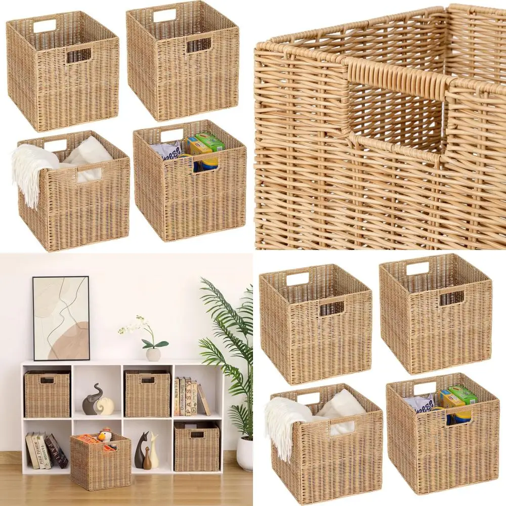 

Set of 4 Large Foldable Wicker Cube Baskets, 12x12x12 Inches, Square Laundry Organizer, Khaki