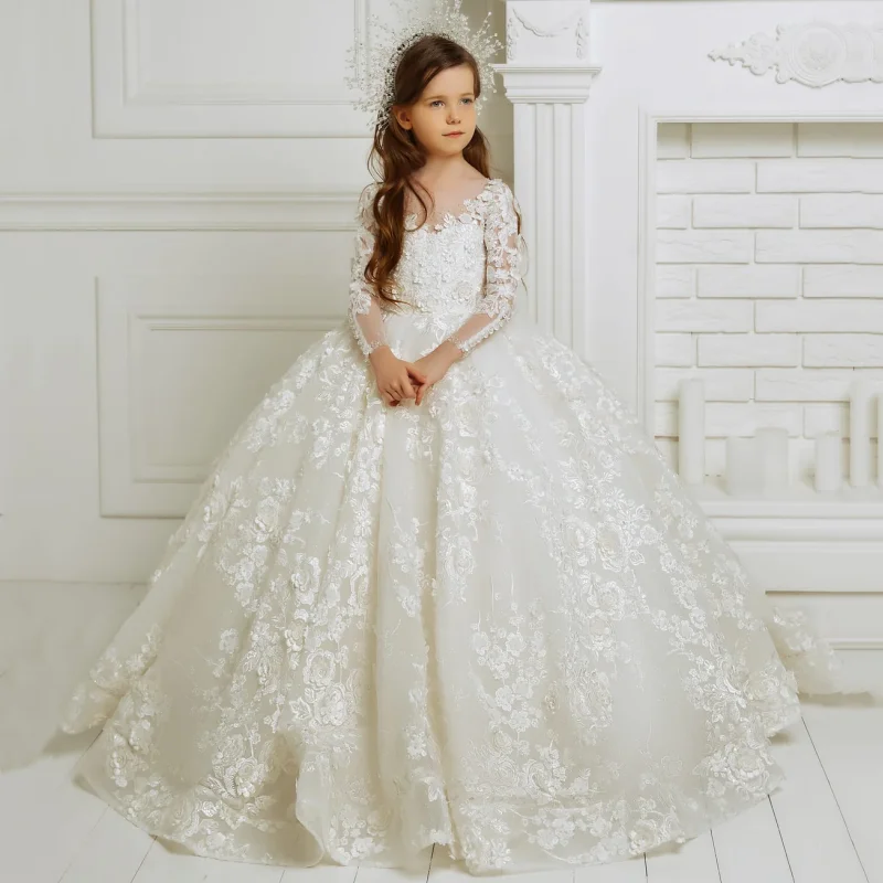 

Flower Girl Dresses Ivory Floral Appliques With Tailing Long Sleeve For Wedding Birthday Banquet Princess Holy Communion Gowns