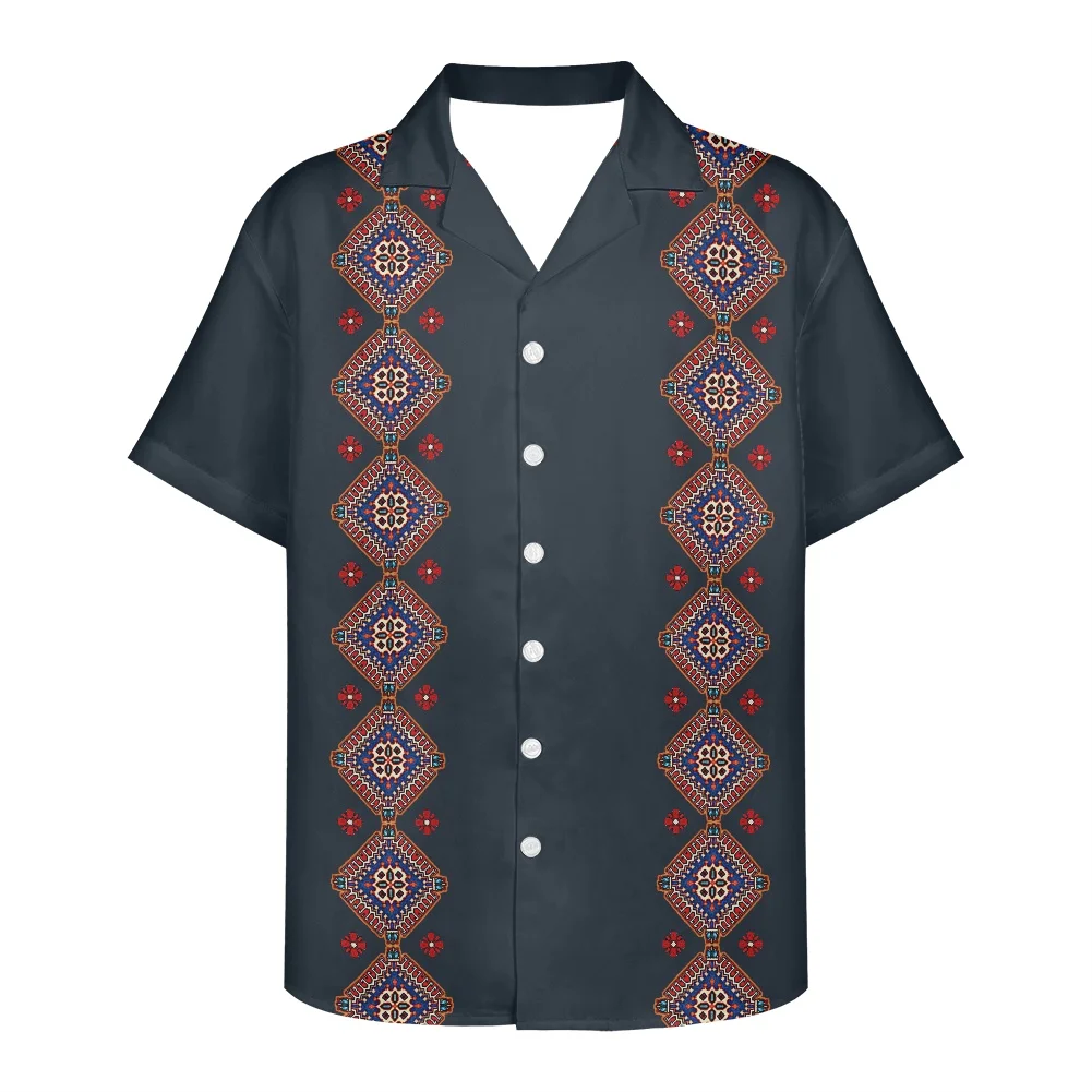 

Vintage Ethnic Print Shirt Men's Black Casual Plus Size Beach Kemeja Hawaiian Guabela Loose Breathable Top