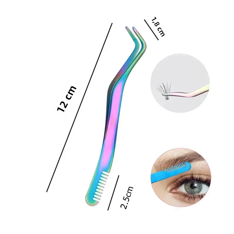Pinça de cílios 2 em 1 com pente, pinça de cotovelo de aço inoxidável, colocação de precisão para aplicação diy de cílios postiços