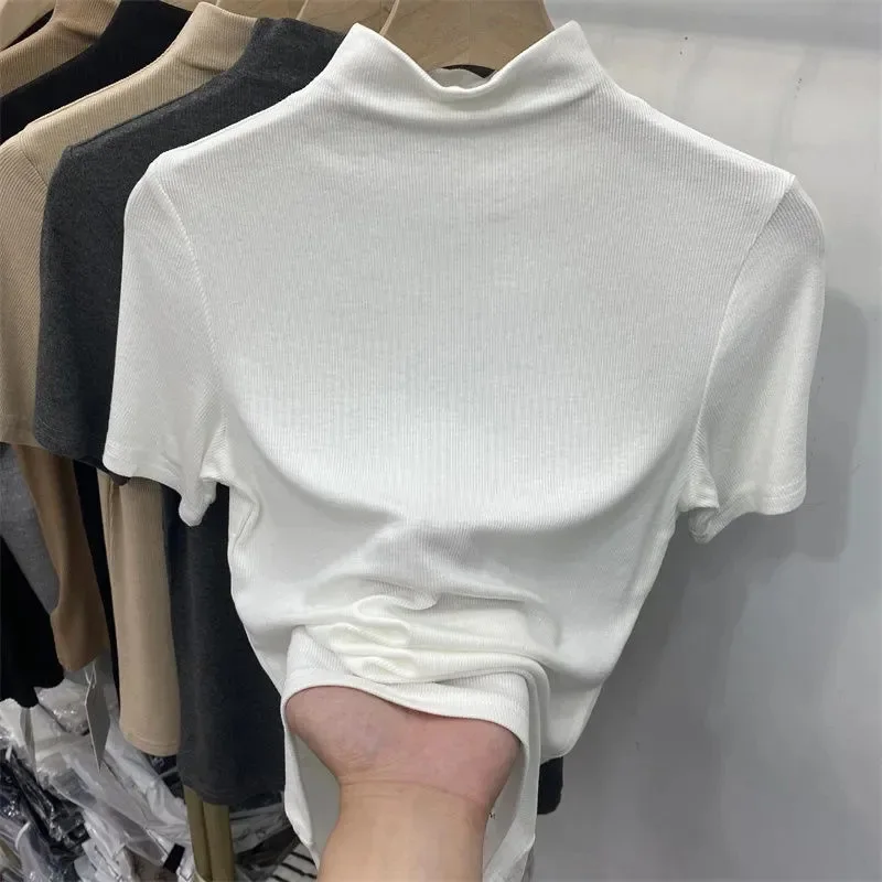 Threaded Short Sleeves Women T-shirts Summer New 2024 Turtleneck Solid Slim Elastic Long-sleeved Female Buttoming Pulls Top Tees