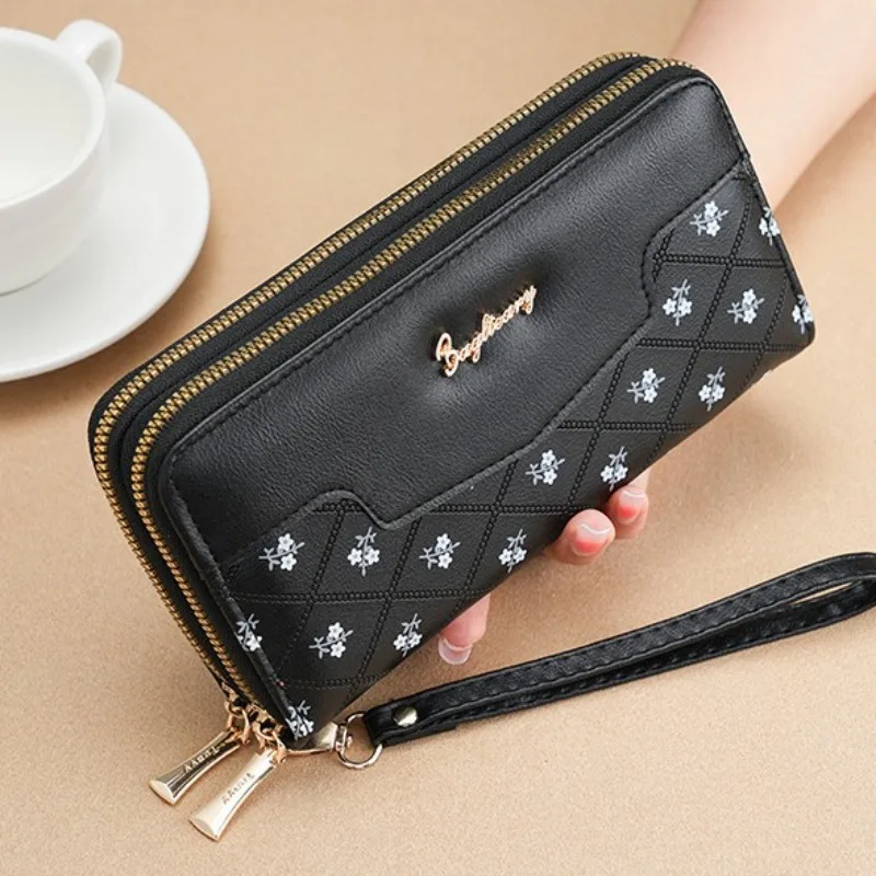 Women PU Leather Long Wallet Ladies Double Zipper Clutch Purse with Wrist Strap Floral Embroidery Card Holder Phone Pocket Money