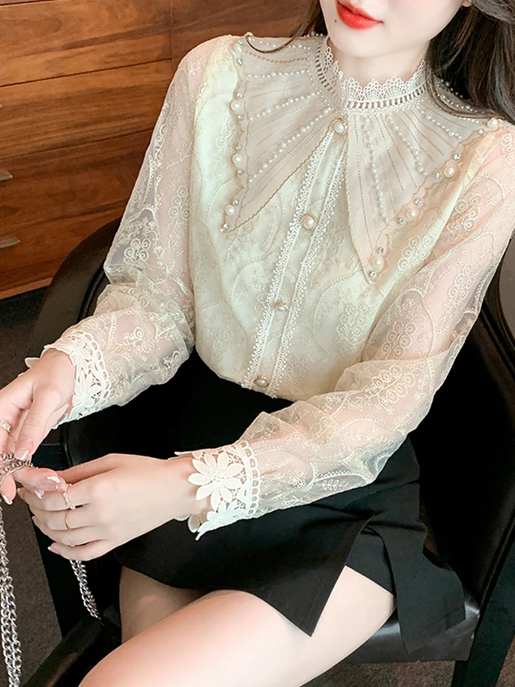 French Elegant Lace Shirt2023 New Fall Women Clothing Luxury Chic Beads Embroidery Cute Doll Collar Long Sleeve Blusas Top Lady