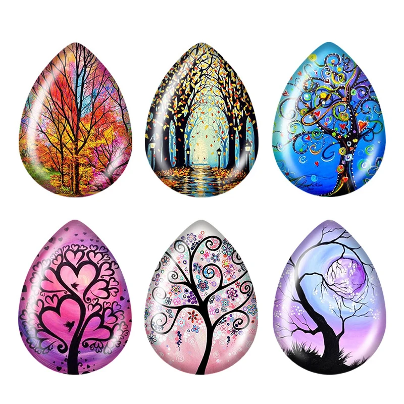 5pairs Colorful Life tree Hearts Love Family Tree teardrop shape Photo Glass cabochon flat back For DIY Jewelry Making Findings