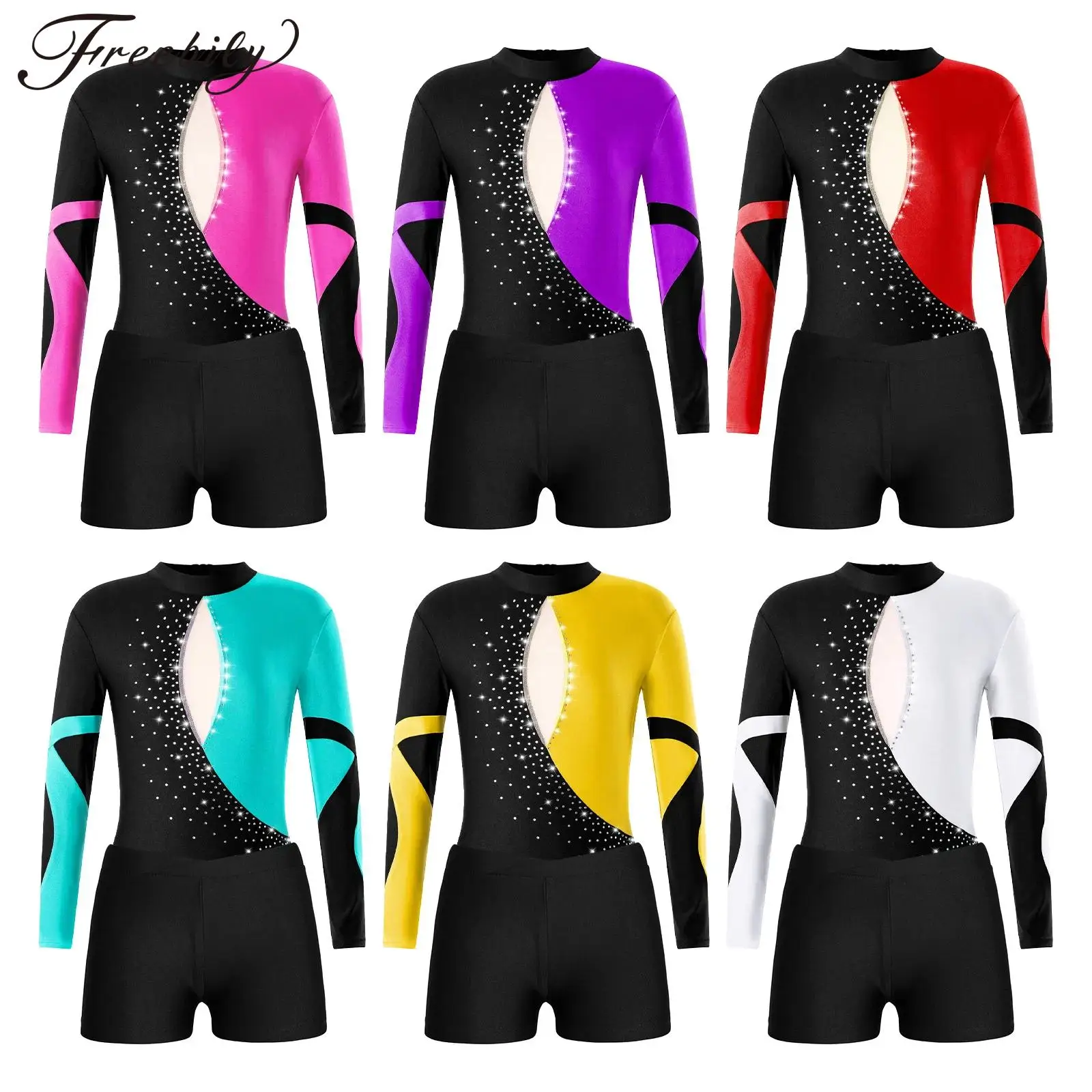 

Kids Girls Long Sleeve Rhinestones Ballet Dance Leotard with Shorts Children's Rhythmic Gymnastics Jumpsuit Ice Skating Bodysuit