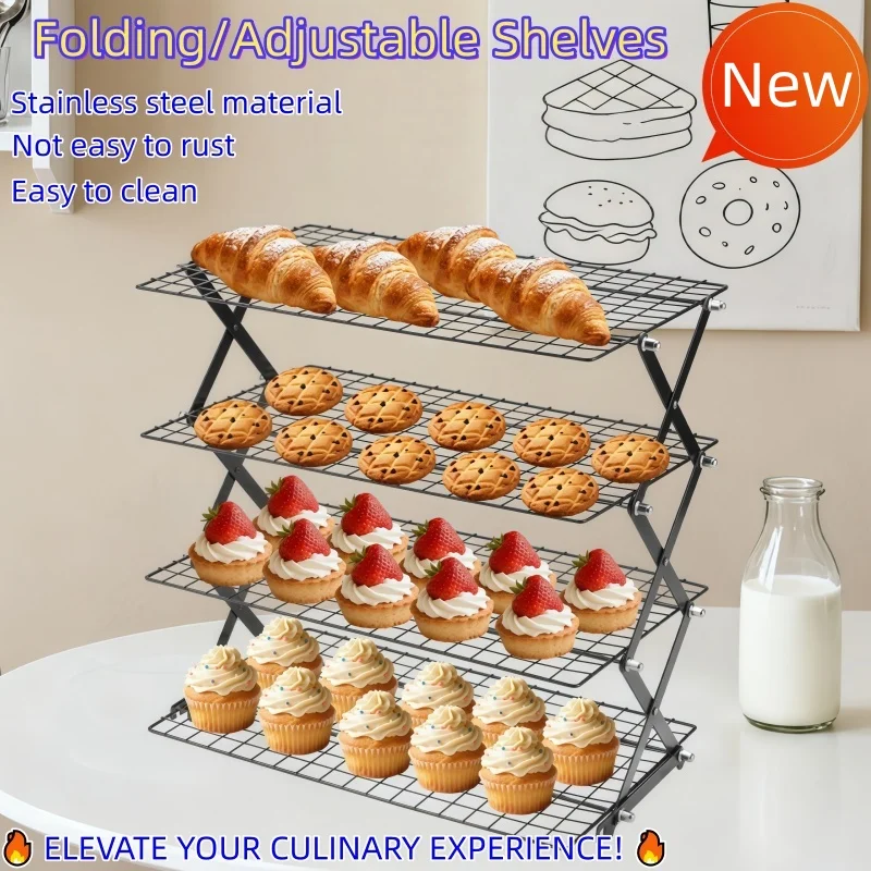 Foldable 304 Stainless Steel Cooling Rack Adjustable Kitchen Organizer Shelf for Baking Pastry BBQ Outdoor Use