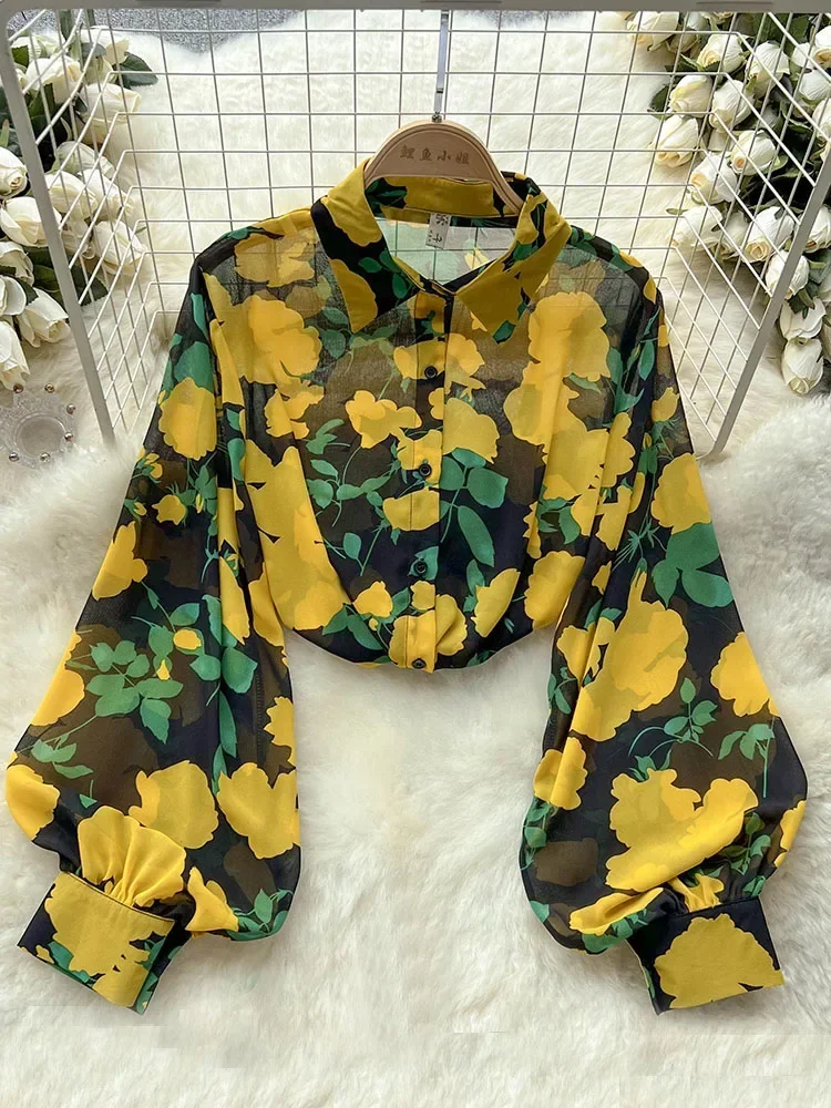 New Spring  Autumn Retro Printed Shirt Women\'s Loose Lantern Sleeve Blouse Oil Painting Sense Shirt Tops Female D0632