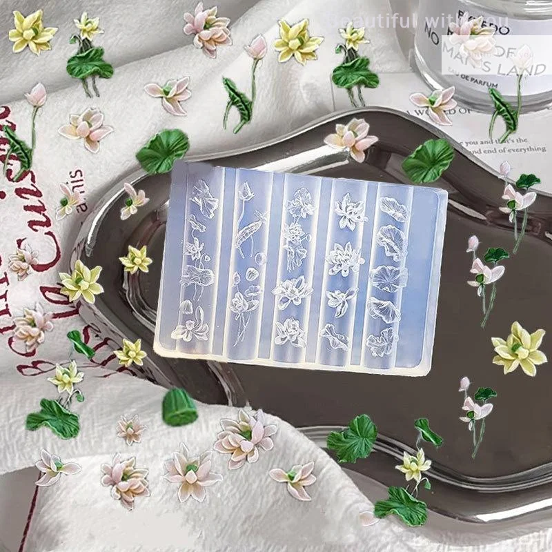 Molde de silicone para unhas de lótus, ferramenta de design de manicure transparente 3d, modelo de escultura ideal para arte em unhas com folhas de lótus diy