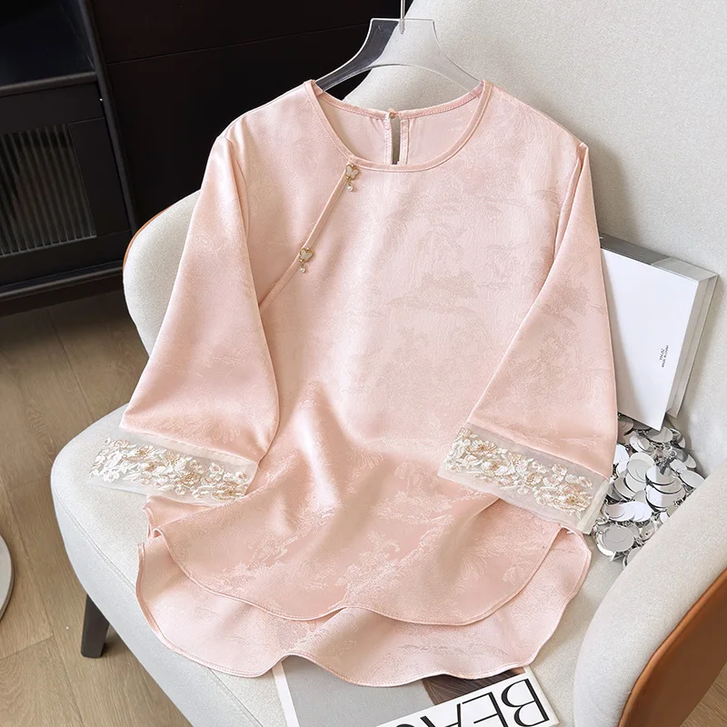 

Chinese Style Women's Blouses Printed Vintage Shirts Fashion Loose Summer Clothes O-neck Short Sleeved Satin Women Tops
