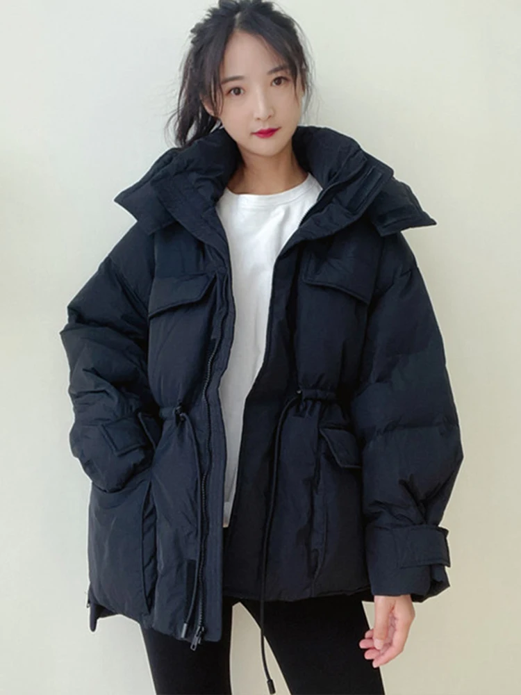 Fitaylor Winter Hooded Light Feather Short Jacket Women 90% White Duck Down Warm Thick Coat Irregular High Waist Fluffy Outwear