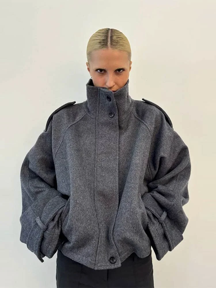 Mode court manteau en laine femmes col montant simple poitrine manches longues veste ample femme 2025 automne solide bureau dame vêtements d'extérieur