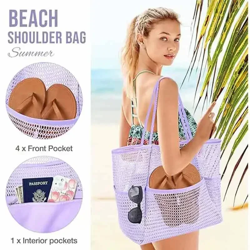 TOUB-045 Bolsos de mano de playa para mujer, grandes bolsas de viaje de malla plegables para piscina