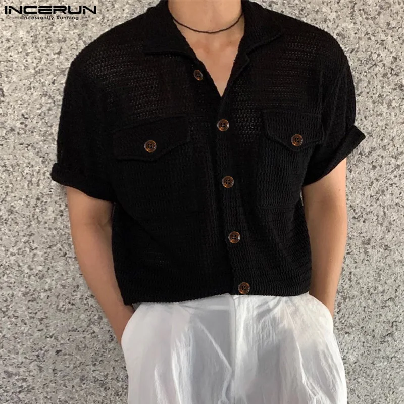 INCERUN Tops 2024 Korean Style Men's Mesh Hollow Double Pocket Design Shirts Casual Streetwear Solid Short Sleeved Blouse S-5XL