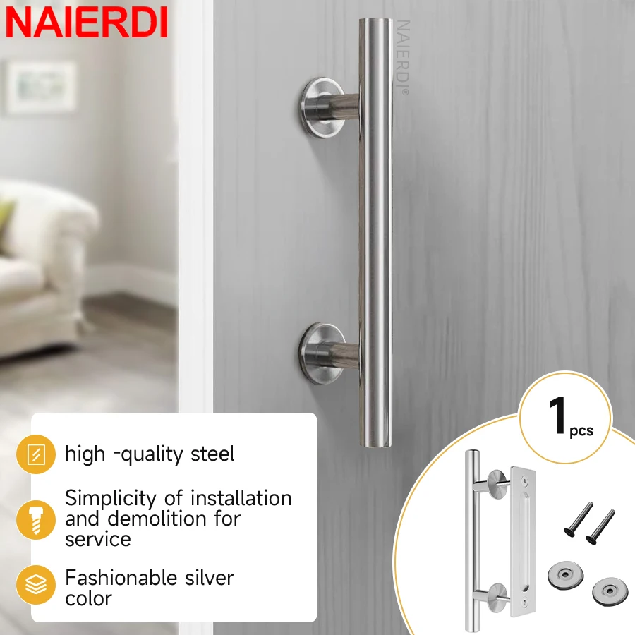 

NAIERDI 12" Sliding Barn Door Handle Stainless Steel Heavy Duty Double Sided Pull and Flush Wood Door Handles Set Door Hardware