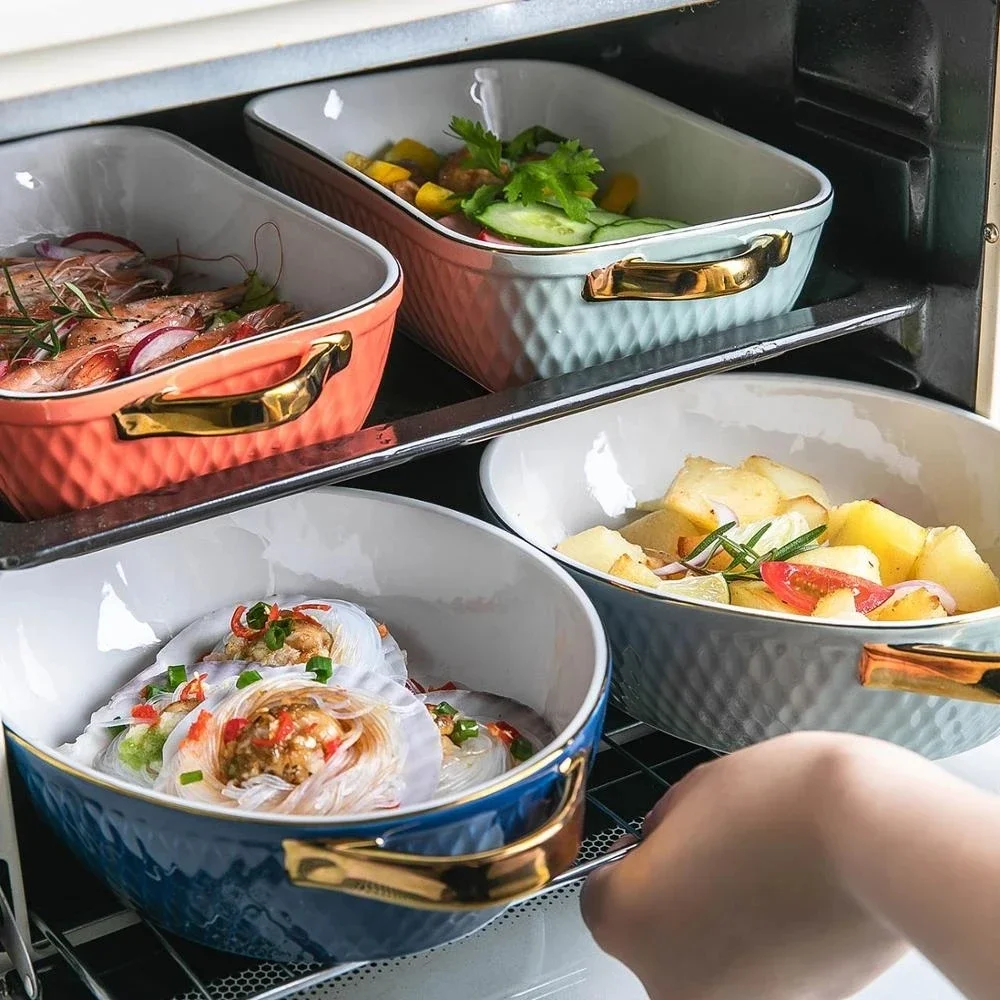 

Деко для выпечки с золотой стороной, прямоугольная овальная керамическая глазурь, противень для выпечки, тарелка для барбекю, салата, духовка, кухонная посуда, формы для выпечки R5Z5P6