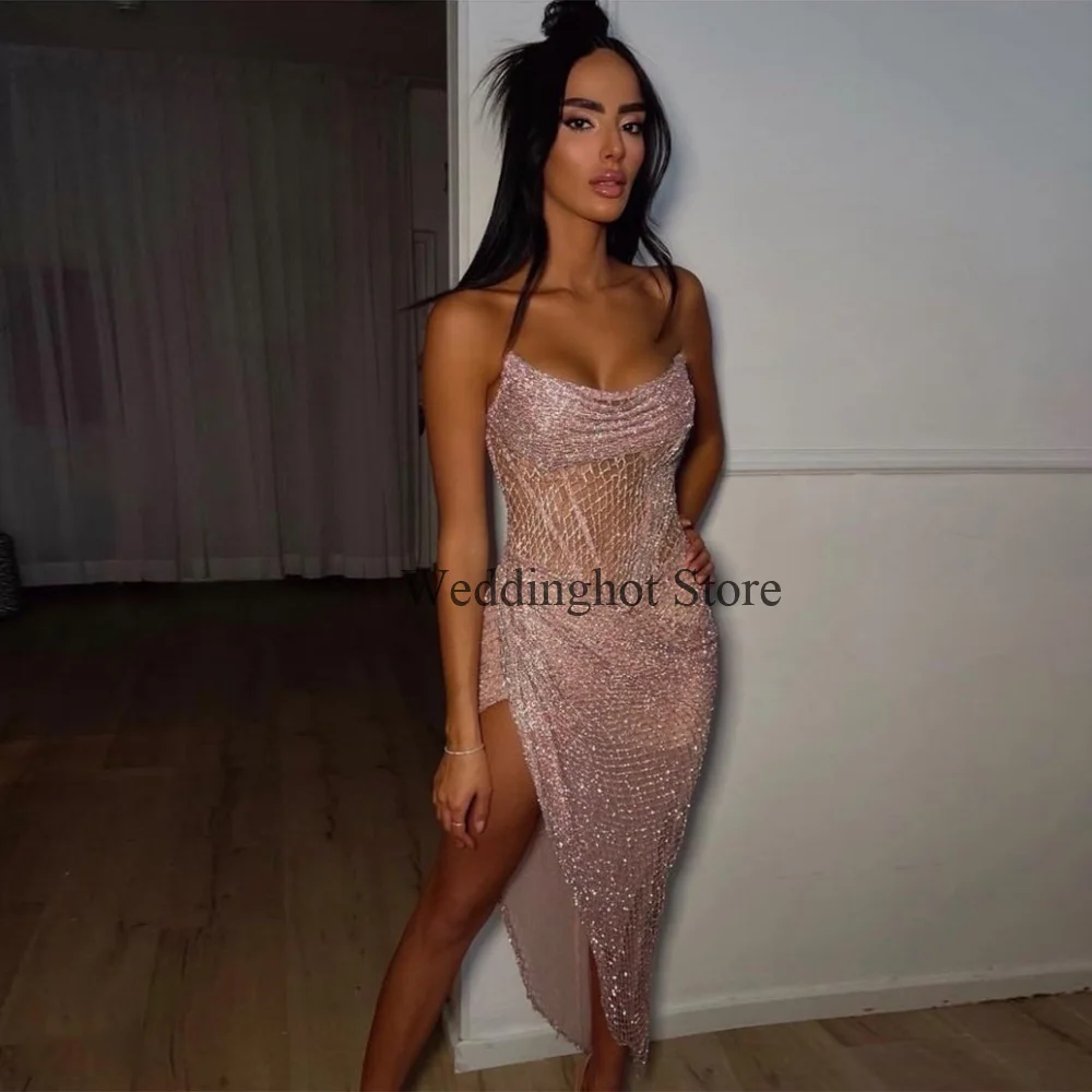 Sprankelende Diamant Galajurk Roze 2023 Mouwloze Strapless Damesjurk Lange Zeemeermin Zijde Dijsplit Sexy Feestjurken