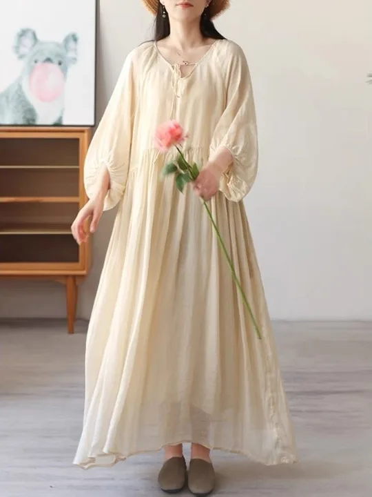 กระโปรงทรงเอผ้าเฮมพ์สไตล์เรโทร รุ่นแม็กซี่ สำหรับผู้หญิง ทรงหลวม สีพื้น ผ้าสองชั้น ทรงเอไลน์ สำหรับฤดูร้อน สไตล์วินเทจ ทรงบับเบิ้ล