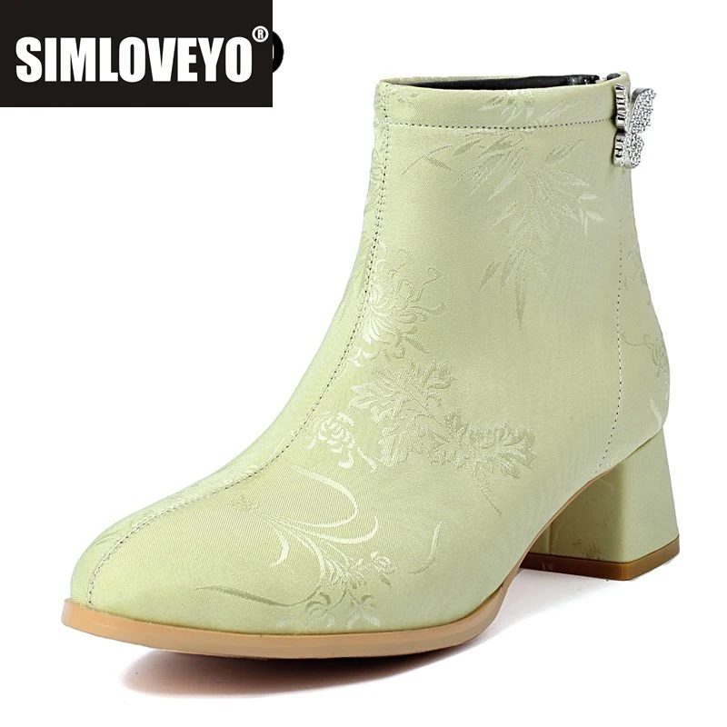

SIMLOVEYO Women Ankle Boots Poined Toe Block Heels 4.5cm Zipper Metal Decoration Flower Big Size 43 44 Soft Daily Bota