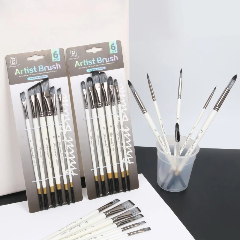6pcs Wooden Nylon Paint Brush Uniform Coloring Good Water Absorption Oil Painting Acrylic Watercolor Gouache Painting Outline
