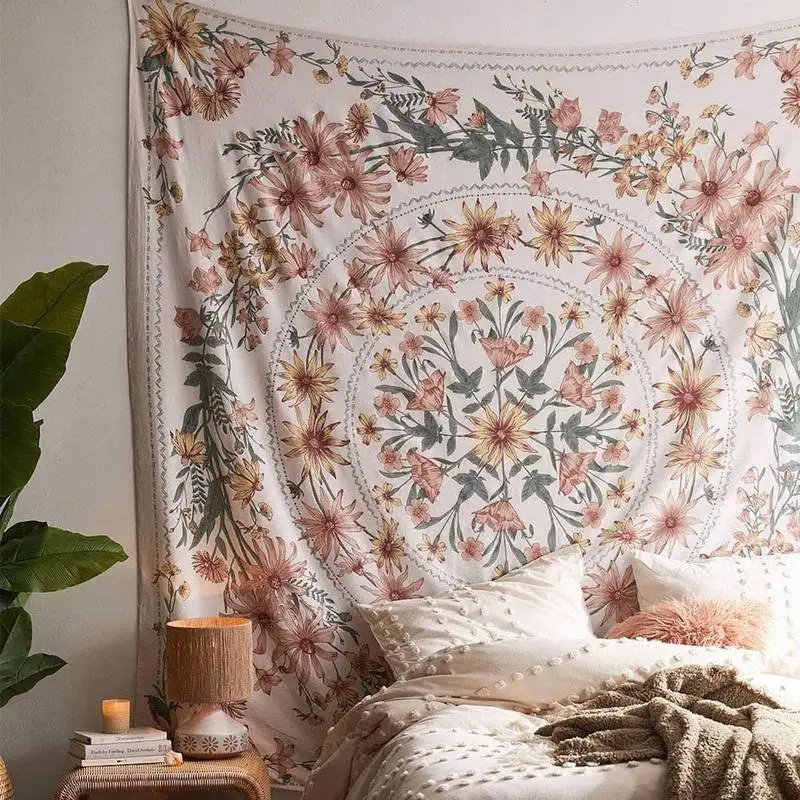 VIKAMA Boho Botanical Floral Tapestry Vintage Circle Flower Pattern Wall Hanging Cloth for Room Aesthetic Background Wall Decor