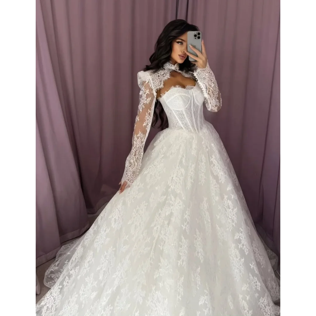 Custom High Neck Cutout Long Sleeve Floral Lace Ball Gown Wedding Dress Corset Chapel Train Modest Vintage Princess Bridal Gown