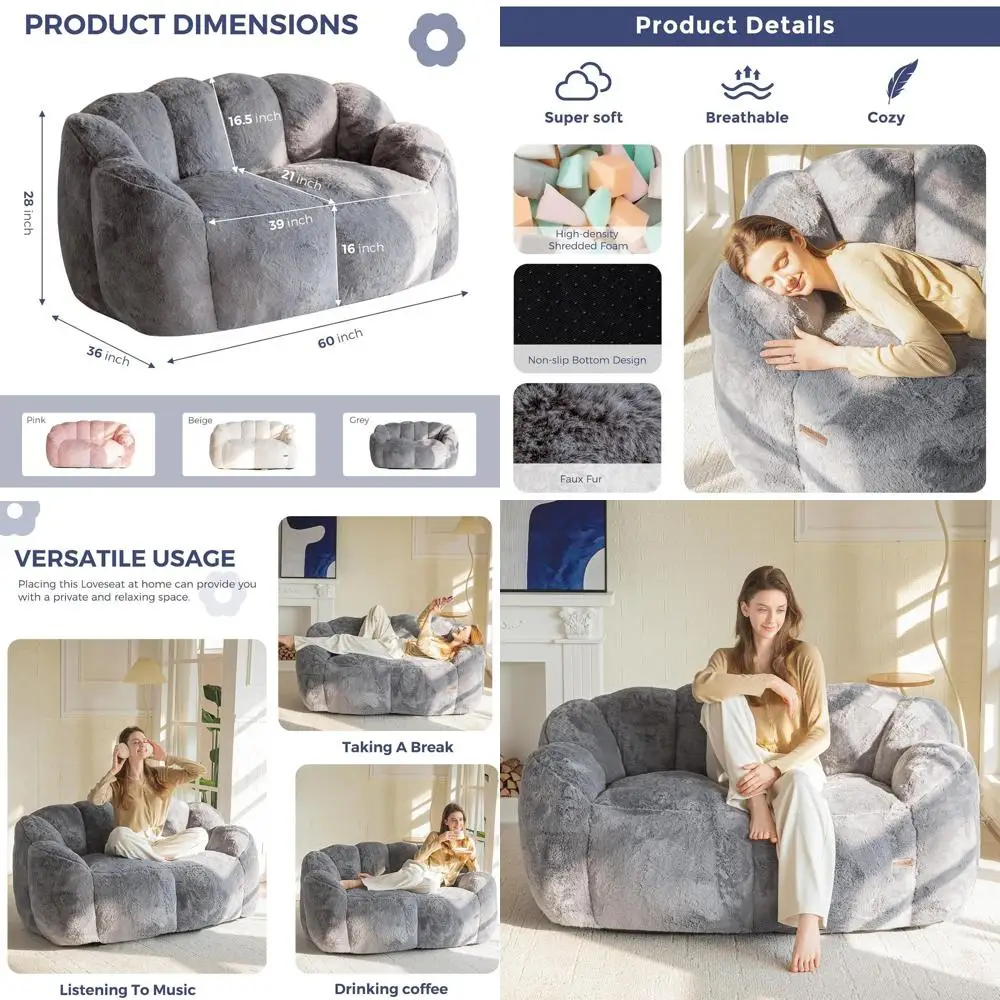 

Плюшевый диван-мешок для взрослых, удобный двухместный диван для чтения или гостиной, серый
