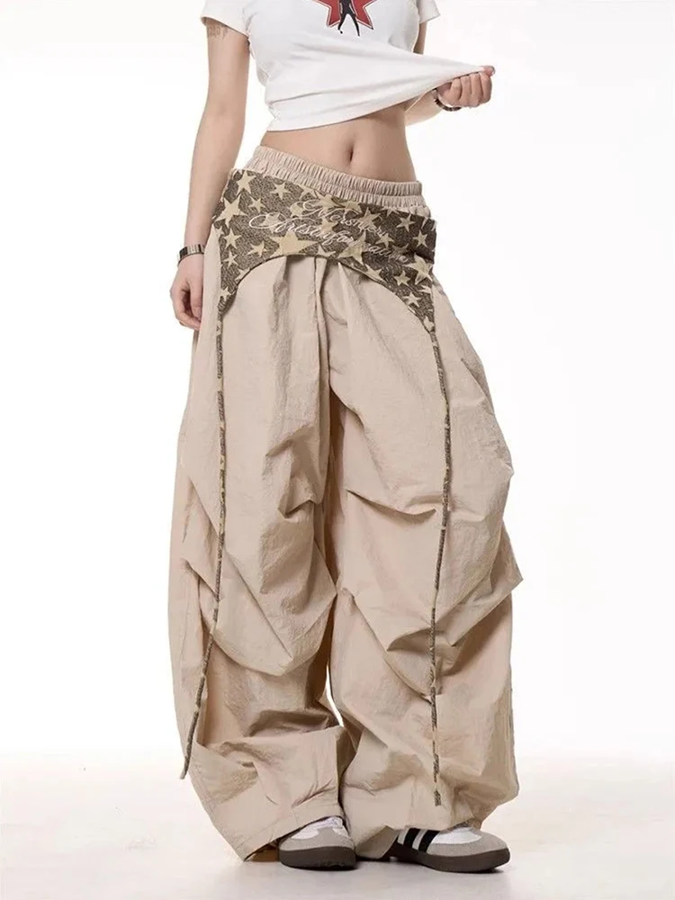 Y2K American Patchwork Cargo Pants Women Summer Loose Quick-Drying Wide Leg Pants Female Hip Hop Streetwear Straight Trousers