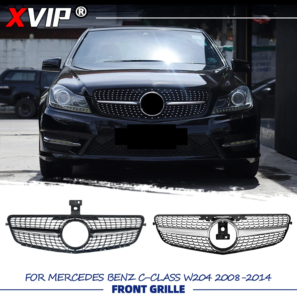 

XVIP Chrome Black Diamonds Style Bumper Grille Silver Upper Grill For Mercedes Benz C W204 2008-14 C200 C230 C250 C280 C300 C350