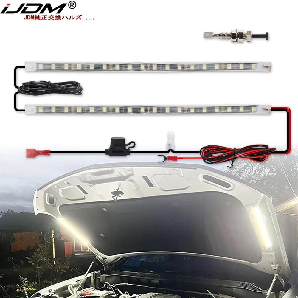 iJDM LED Car Under Hood Work Inspection Light Kit Waterproof 12V White LED Strip Lights Bars Car Hood Lights Fits Any Vehicle