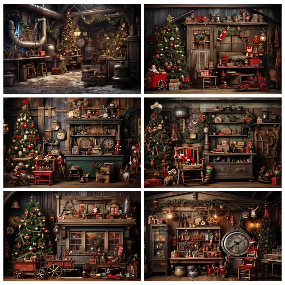 

Christmas Backdrops Rustic Wood House Xmas Tree Gifts Santa Claus Warehouse Kids Portrait Photography Backgrounds Photo Studio