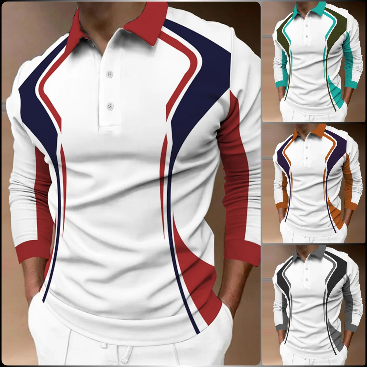 

Men's Polo Shirt Golf Shirt Street Casual Polo Collar Classic Long Sleeve Fashion Designer Color Block Button Front Button-Down