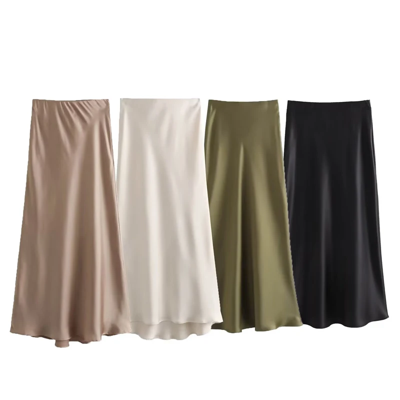 Satin Women Skirt Women High Waist Long Skirts for Women Summer Black White Green Khaki Midi Skirt Office Elegant Daily Skirts