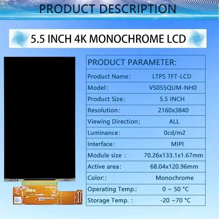 5.5 Inch 4K 2160x3840 Mono  Screen Module HD-MI to MIPI Interface Controller Board 3D Printer Monochrome LCD Display