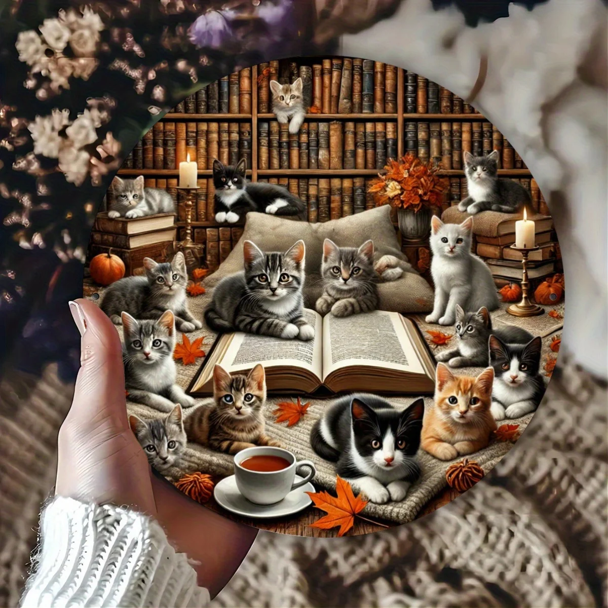 1pc, Cat Book Metal Round Sign, 7.8X7.8 Inches/20X20 Cm, Rustic Wall Art, Durable Aluminum Plate, Indoor Use, Easy to Hang Crown