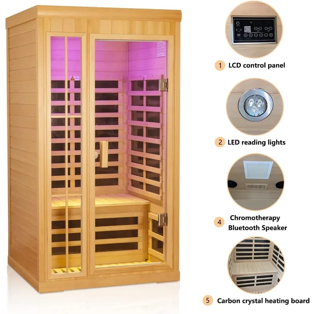 1 To 2 Person Infrared Sauna, Hemlock Wood Low EMF FAR Infrared Saunas for Home, 1350watt Indoor Personal Sauna Room Box