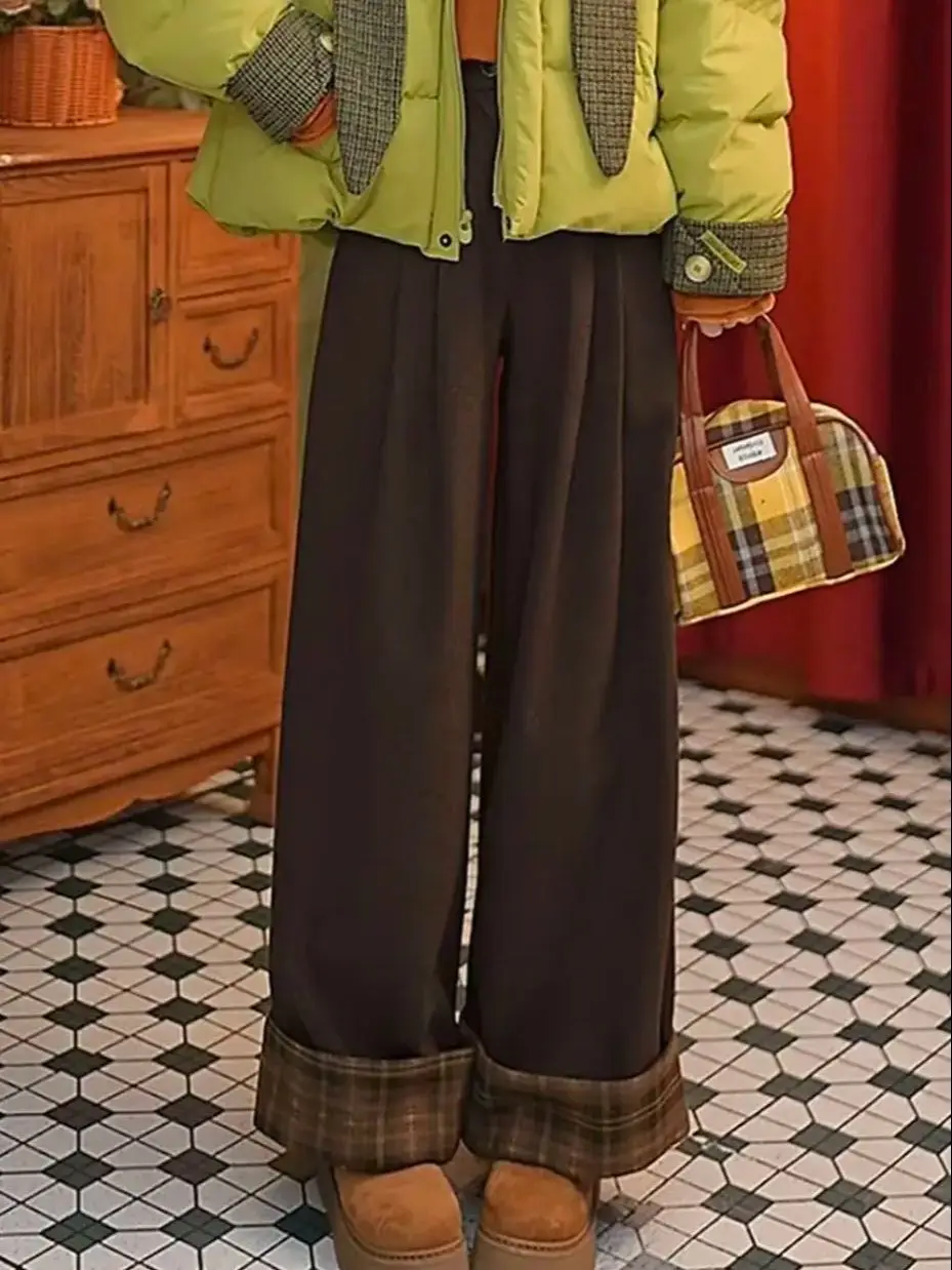 

Японские ретро-брюки в клетку с комбинированными вставками, универсальные, прямые, широкие, зимние, из вельвета, утепленные, шерстяные, с высокой талией, повседневные