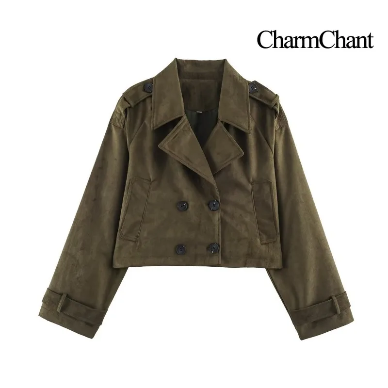 CHARMCHANT Women's Trench Coat Suede Look Short Double Breasted Notched Lapel Epaulette Cropped Vintage Jacket Autumn 2026