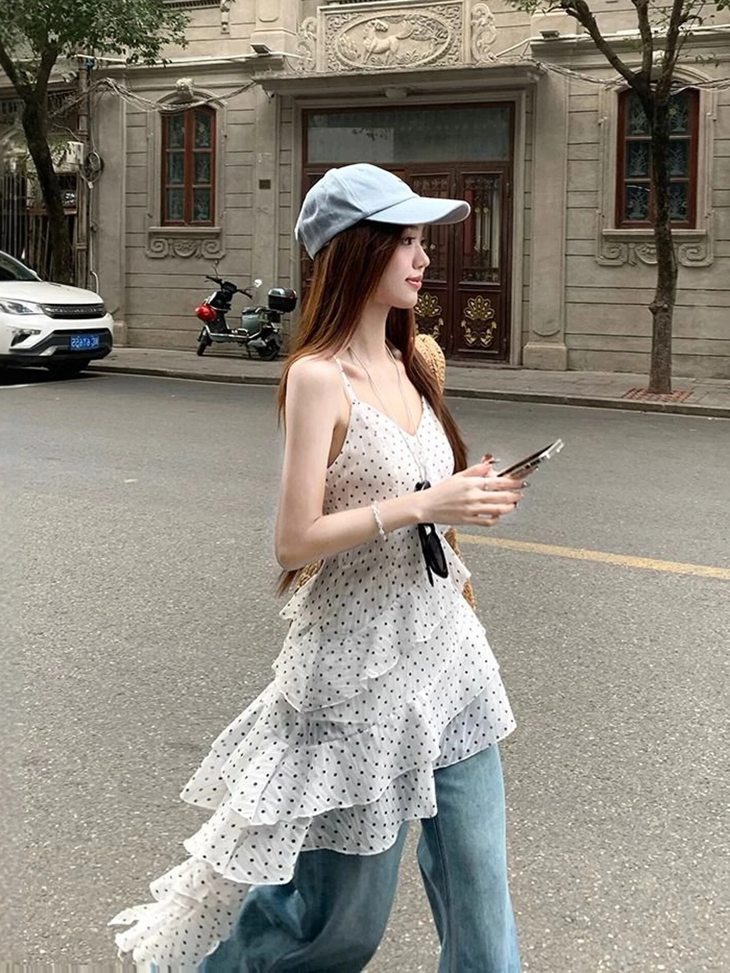 Sweet Polka Dot Bell Sleeve Strap Vest Women Summer Vacation Unusual Long Drifting Belt Top Asymmetrical Flounce Design