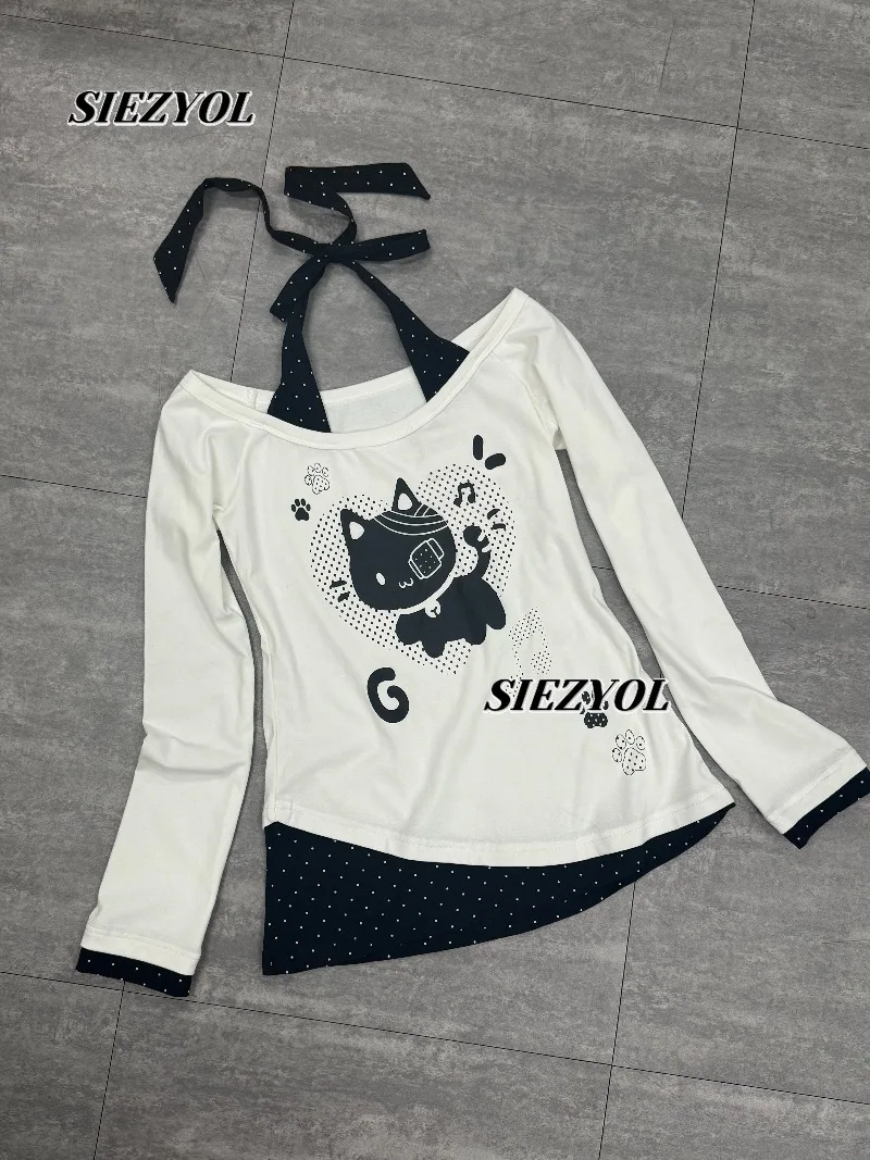 Original Printed Long-sleeved Off-the-shoulder T-shirt Cute Female Tops Slim and Thin Straps Fake Two-piece Versatile T Shirt