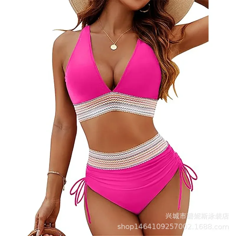 Bikini dividido para mujer, traje de baño fino de dos piezas de cintura alta, conjunto de traje de baño Sexy con cordones y cuello ajustado para vacaciones de verano en la playa